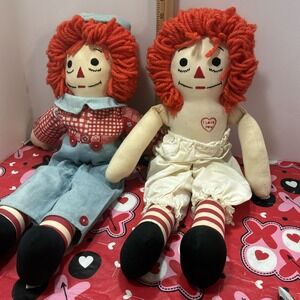 Vintage Handmade Raggedy Ann & Andy Dolls 20" Signed Cloth Millicent Lecloux